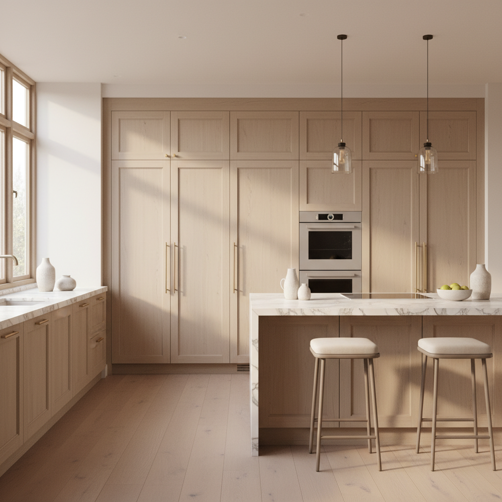 Upscale kitchen with integrated refrigerator and warm lighting