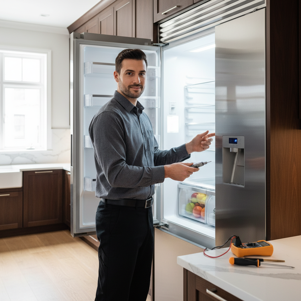 Professional technician inspecting a built-in refrigerator